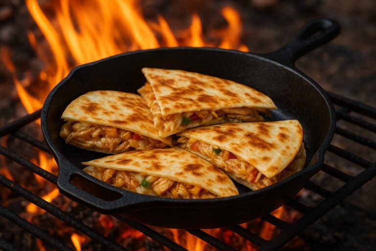 Chicken quesadillas in a cast iron skillet over the campfire.