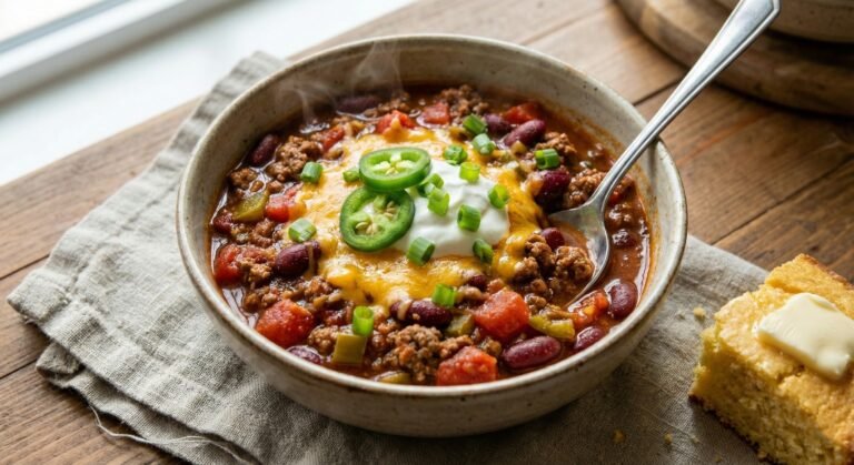 Hot bowl of chili topped with cheese, sour cream, jalapenos, and chives