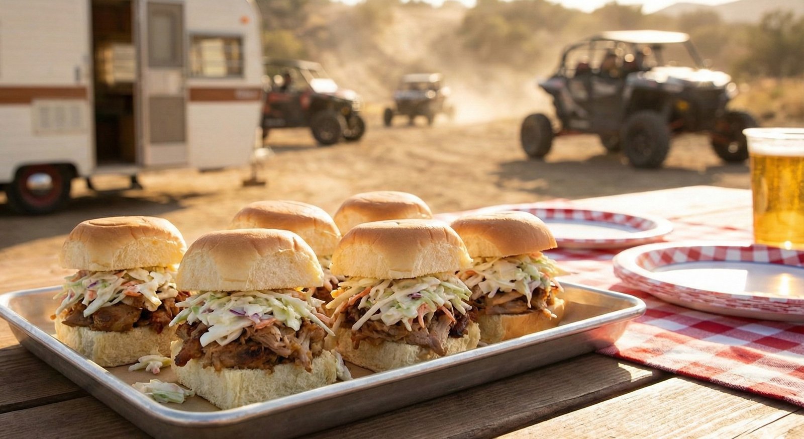 Pork sliders topped with coleslaw on Hawaiian rolls. Easy camping meal.