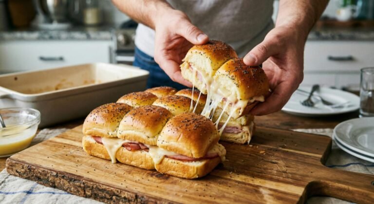 Ham and cheese sliders on Hawaiian Roll topped with poppy seeds.