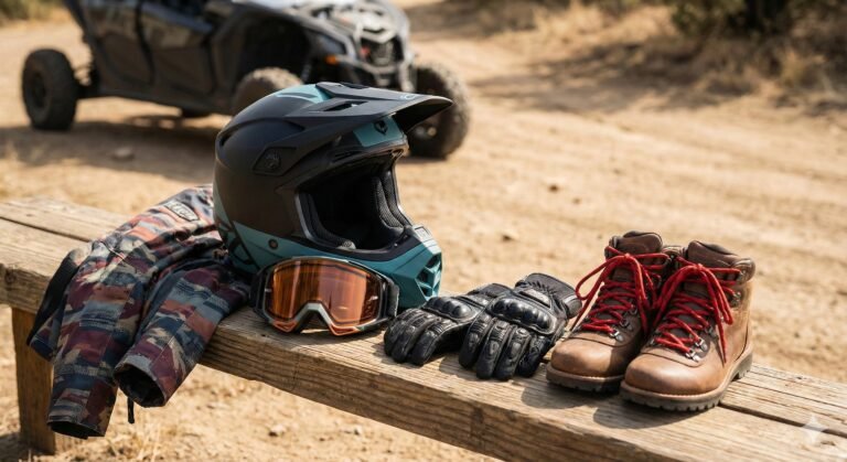 Ladies gear. Helmet, jacket, gloves, goggles, and boots for UTV riding.
