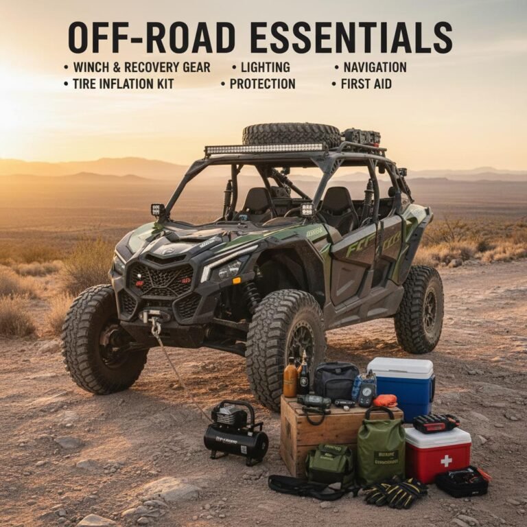UTV with winch, air compressor, cooler, and other trail gear.