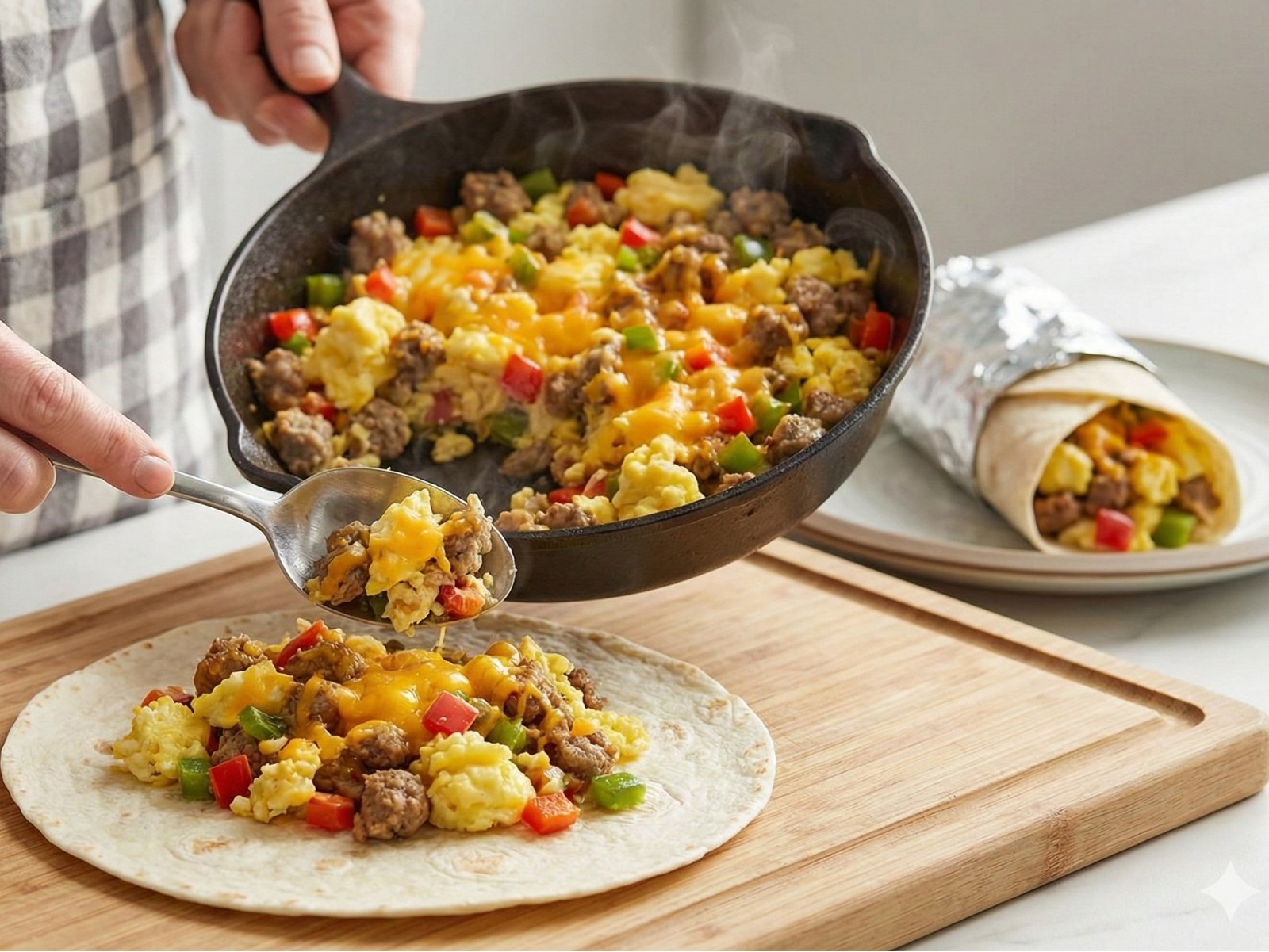 Breakfast Burritos made in cast iron skillet